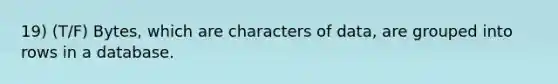 19) (T/F) Bytes, which are characters of data, are grouped into rows in a database.