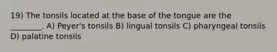 19) The tonsils located at the base of the tongue are the ________. A) Peyer's tonsils B) lingual tonsils C) pharyngeal tonsils D) palatine tonsils