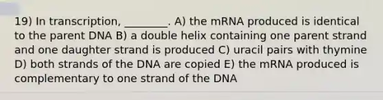 19) In transcription, ________. A) the mRNA produced is identical to the parent DNA B) a double helix containing one parent strand and one daughter strand is produced C) uracil pairs with thymine D) both strands of the DNA are copied E) the mRNA produced is complementary to one strand of the DNA