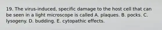 19. The virus-induced, specific damage to the host cell that can be seen in a light microscope is called A. plaques. B. pocks. C. lysogeny. D. budding. E. cytopathic effects.