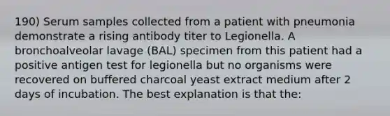 190) Serum samples collected from a patient with pneumonia demonstrate a rising antibody titer to Legionella. A bronchoalveolar lavage (BAL) specimen from this patient had a positive antigen test for legionella but no organisms were recovered on buffered charcoal yeast extract medium after 2 days of incubation. The best explanation is that the: