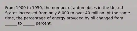 From 1900 to 1950, the number of automobiles in the United States increased from only 8,000 to over 40 million. At the same time, the percentage of energy provided by oil changed from ______ to ______ percent.