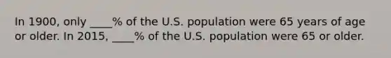 In 1900, only ____% of the U.S. population were 65 years of age or older. In 2015, ____% of the U.S. population were 65 or older.