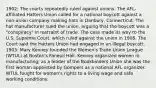 1902: The courts repeatedly ruled against unions. The AFL-affiliated Hatters Union called for a national boycott against a non-union company making hats in Danbury, Connecticut. The hat manufacturer sued the union, arguing that the boycott was a "conspiracy" in restraint of trade. The case made its way to the U.S. Supreme Court, which ruled against the union in 1908. The Court said the Hatters Union had engaged in an illegal boycott. 1903: Mary Kenney founded the Women's Trade Union League (WTUL) at Boston's Faneuil Hall. Kenney organized women in manufacturing; as a leader of the Bookbinders Union she was the first woman appointed by Gompers as a national AFL organizer. WTUL fought for women's rights to a living wage and safe working conditions.