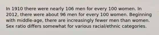 In 1910 there were nearly 106 men for every 100 women. In 2012, there were about 96 men for every 100 women. Beginning with middle-age, there are increasingly fewer men than women. Sex ratio differs somewhat for various racial/ethnic categories.