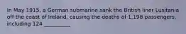 In May 1915, a German submarine sank the British liner Lusitania off the coast of Ireland, causing the deaths of 1,198 passengers, including 124 __________