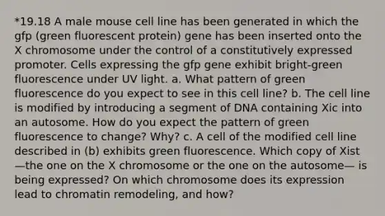 *19.18 A male mouse cell line has been generated in which the gfp (green fluorescent protein) gene has been inserted onto the X chromosome under the control of a constitutively expressed promoter. Cells expressing the gfp gene exhibit bright-green fluorescence under UV light. a. What pattern of green fluorescence do you expect to see in this cell line? b. The cell line is modified by introducing a segment of DNA containing Xic into an autosome. How do you expect the pattern of green fluorescence to change? Why? c. A cell of the modified cell line described in (b) exhibits green fluorescence. Which copy of Xist—the one on the X chromosome or the one on the autosome— is being expressed? On which chromosome does its expression lead to chromatin remodeling, and how?