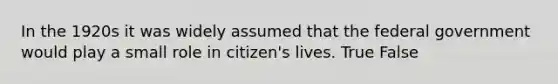 In the 1920s it was widely assumed that the federal government would play a small role in citizen's lives. True False