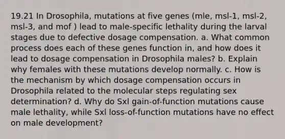 19.21 In Drosophila, mutations at five genes (mle, msl-1, msl-2, msl-3, and mof ) lead to male-specific lethality during the larval stages due to defective dosage compensation. a. What common process does each of these genes function in, and how does it lead to dosage compensation in Drosophila males? b. Explain why females with these mutations develop normally. c. How is the mechanism by which dosage compensation occurs in Drosophila related to the molecular steps regulating sex determination? d. Why do Sxl gain-of-function mutations cause male lethality, while Sxl loss-of-function mutations have no effect on male development?