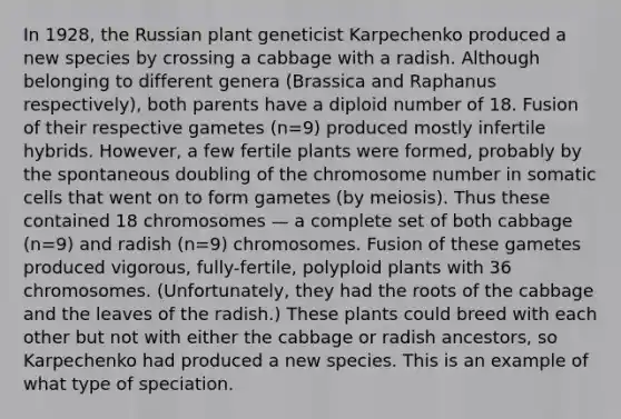 In 1928, the Russian plant geneticist Karpechenko produced a new species by crossing a cabbage with a radish. Although belonging to different genera (Brassica and Raphanus respectively), both parents have a diploid number of 18. Fusion of their respective gametes (n=9) produced mostly infertile hybrids. However, a few fertile plants were formed, probably by the spontaneous doubling of the chromosome number in somatic cells that went on to form gametes (by meiosis). Thus these contained 18 chromosomes — a complete set of both cabbage (n=9) and radish (n=9) chromosomes. Fusion of these gametes produced vigorous, fully-fertile, polyploid plants with 36 chromosomes. (Unfortunately, they had the roots of the cabbage and the leaves of the radish.) These plants could breed with each other but not with either the cabbage or radish ancestors, so Karpechenko had produced a new species. This is an example of what type of speciation.