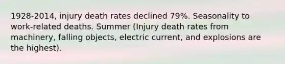 1928-2014, injury death rates declined 79%. Seasonality to work-related deaths. Summer (Injury death rates from machinery, falling objects, electric current, and explosions are the highest).