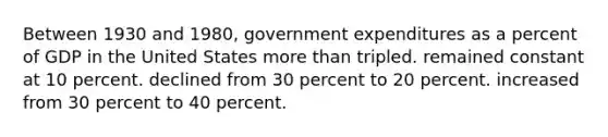 Between 1930 and 1980, government expenditures as a percent of GDP in the United States more than tripled. remained constant at 10 percent. declined from 30 percent to 20 percent. increased from 30 percent to 40 percent.