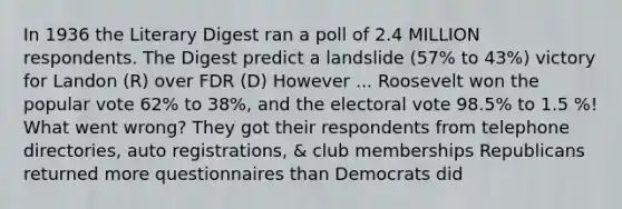 In 1936 the Literary Digest ran a poll of 2.4 MILLION respondents. The Digest predict a landslide (57% to 43%) victory for Landon (R) over FDR (D) However ... Roosevelt won the popular vote 62% to 38%, and the electoral vote 98.5% to 1.5 %! What went wrong? They got their respondents from telephone directories, auto registrations, & club memberships Republicans returned more questionnaires than Democrats did