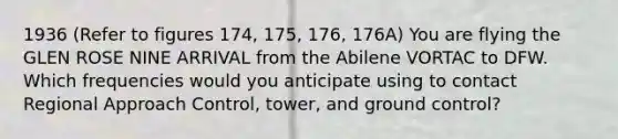 1936 (Refer to figures 174, 175, 176, 176A) You are flying the GLEN ROSE NINE ARRIVAL from the Abilene VORTAC to DFW. Which frequencies would you anticipate using to contact Regional Approach Control, tower, and ground control?