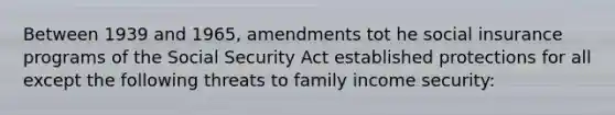 Between 1939 and 1965, amendments tot he social insurance programs of the Social Security Act established protections for all except the following threats to family income security: