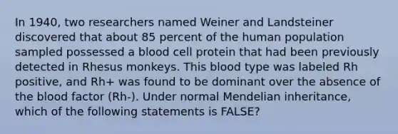 In 1940, two researchers named Weiner and Landsteiner discovered that about 85 percent of the human population sampled possessed a blood cell protein that had been previously detected in Rhesus monkeys. This blood type was labeled Rh positive, and Rh+ was found to be dominant over the absence of <a href='https://www.questionai.com/knowledge/k7oXMfj7lk-the-blood' class='anchor-knowledge'>the blood</a> factor (Rh-). Under normal Mendelian inheritance, which of the following statements is FALSE?