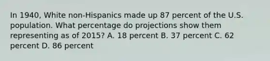 In 1940, White non-Hispanics made up 87 percent of the U.S. population. What percentage do projections show them representing as of 2015? A. 18 percent B. 37 percent C. 62 percent D. 86 percent