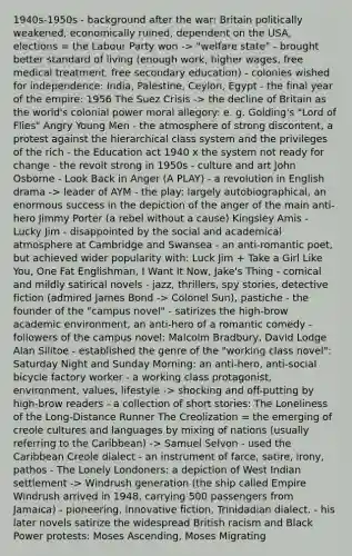 1940s-1950s - background after the war: Britain politically weakened, economically ruined, dependent on the USA, elections = the Labour Party won -> "welfare state" - brought better standard of living (enough work, higher wages, free medical treatment, free secondary education) - colonies wished for independence: India, Palestine, Ceylon, Egypt - the final year of the empire: 1956 The Suez Crisis -> the decline of Britain as the world's colonial power moral allegory: e. g. Golding's "Lord of Flies" Angry Young Men - the atmosphere of strong discontent, a protest against the hierarchical class system and the privileges of the rich - the Education act 1940 x the system not ready for change - the revolt strong in 1950s - culture and art John Osborne - Look Back in Anger (A PLAY) - a revolution in English drama -> leader of AYM - the play: largely autobiographical, an enormous success in the depiction of the anger of the main anti-hero Jimmy Porter (a rebel without a cause) Kingsley Amis - Lucky Jim - disappointed by the social and academical atmosphere at Cambridge and Swansea - an anti-romantic poet, but achieved wider popularity with: Luck Jim + Take a Girl Like You, One Fat Englishman, I Want It Now, Jake's Thing - comical and mildly satirical novels - jazz, thrillers, spy stories, detective fiction (admired James Bond -> Colonel Sun), pastiche - the founder of the "campus novel" - satirizes the high-brow academic environment, an anti-hero of a romantic comedy - followers of the campus novel: Malcolm Bradbury, David Lodge Alan Silitoe - established the genre of the "working class novel": Saturday Night and Sunday Morning: an anti-hero, anti-social bicycle factory worker - a working class protagonist, environment, values, lifestyle -> shocking and off-putting by high-brow readers - a collection of short stories: The Loneliness of the Long-Distance Runner The Creolization = the emerging of creole cultures and languages by mixing of nations (usually referring to the Caribbean) -> Samuel Selvon - used the Caribbean Creole dialect - an instrument of farce, satire, irony, pathos - The Lonely Londoners: a depiction of West Indian settlement -> Windrush generation (the ship called Empire Windrush arrived in 1948, carrying 500 passengers from Jamaica) - pioneering, innovative fiction, Trinidadian dialect. - his later novels satirize the widespread British racism and Black Power protests: Moses Ascending, Moses Migrating