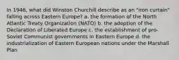 In 1946, what did Winston Churchill describe as an "iron curtain" falling across Eastern Europe? a. the formation of the North Atlantic Treaty Organization (NATO) b. the adoption of the Declaration of Liberated Europe c. the establishment of pro-Soviet Communist governments in Eastern Europe d. the industrialization of Eastern European nations under the Marshall Plan