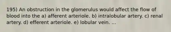 195) An obstruction in the glomerulus would affect the flow of blood into the a) afferent arteriole. b) intralobular artery. c) renal artery. d) efferent arteriole. e) lobular vein. ...