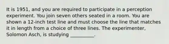 It is 1951, and you are required to participate in a perception experiment. You join seven others seated in a room. You are shown a 12-inch test line and must choose the line that matches it in length from a choice of three lines. The experimenter, Solomon Asch, is studying __________.