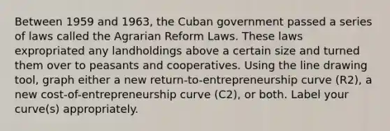 Between 1959 and​ 1963, the Cuban government passed a series of laws called the Agrarian Reform Laws. These laws expropriated any landholdings above a certain size and turned them over to peasants and cooperatives. Using the line drawing tool​, graph either a new​ return-to-entrepreneurship curve ​(R2​), a new​ cost-of-entrepreneurship curve ​(C2​), or both. Label your​ curve(s) appropriately.