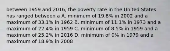 between 1959 and 2016, the poverty rate in the United States has ranged between a A. minimum of 19.8% in 2002 and a maximum of 33.1% in 1962 B. minimum of 11.1% in 1973 and a maximum of 22.4% in 1959 C. minimum of 8.5% in 1959 and a maximum of 25.2% in 2016 D. minimum of 0% in 1979 and a maximum of 18.9% in 2008