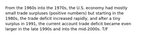 From the 1960s into the 1970s, the U.S. economy had mostly small trade surpluses (positive numbers) but starting in the 1980s, the trade deficit increased rapidly, and after a tiny surplus in 1991, the current account trade deficit became even larger in the late 1990s and into the mid-2000s. T/F