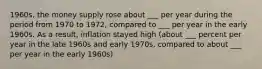 1960s, the money supply rose about ___ per year during the period from 1970 to 1972, compared to ___ per year in the early 1960s. As a result, inflation stayed high (about ___ percent per year in the late 1960s and early 1970s, compared to about ___ per year in the early 1960s)