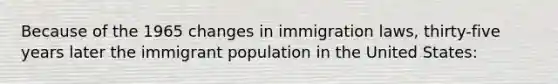 Because of the 1965 changes in immigration laws, thirty-five years later the immigrant population in the United States: