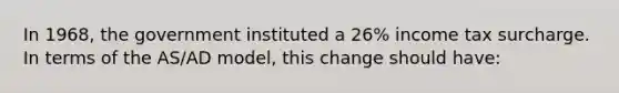 In 1968, the government instituted a 26% income tax surcharge. In terms of the AS/AD model, this change should have: