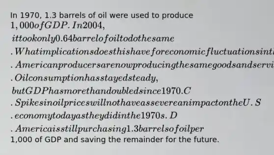 In 1970, 1.3 barrels of oil were used to produce 1,000 of GDP. In 2004, it took only 0.64 barrel of oil to do the same. What implications does this have for economic fluctuations in the United States today? A. American producers are now producing the same goods and services today by using half the amount of oil that they did in 1970. B. Oil consumption has stayed steady, but GDP has more than doubled since 1970. C. Spikes in oil prices will not have as severe an impact on the U.S. economy today as they did in the 1970s. D. America is still purchasing 1.3 barrels of oil per1,000 of GDP and saving the remainder for the future.