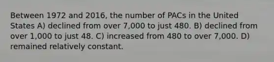 Between 1972 and 2016, the number of PACs in the United States A) declined from over 7,000 to just 480. B) declined from over 1,000 to just 48. C) increased from 480 to over 7,000. D) remained relatively constant.