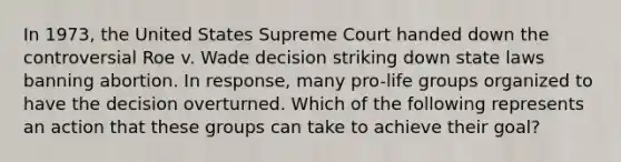 In 1973, the United States Supreme Court handed down the controversial Roe v. Wade decision striking down state laws banning abortion. In response, many pro-life groups organized to have the decision overturned. Which of the following represents an action that these groups can take to achieve their goal?