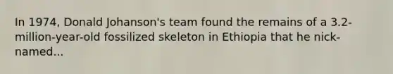 In 1974, Donald Johanson's team found the remains of a 3.2-million-year-old fossilized skeleton in Ethiopia that he nick-named...