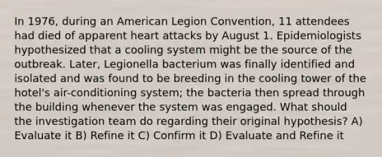 In 1976, during an American Legion Convention, 11 attendees had died of apparent heart attacks by August 1. Epidemiologists hypothesized that a cooling system might be the source of the outbreak. Later, Legionella bacterium was finally identified and isolated and was found to be breeding in the cooling tower of the hotel's air-conditioning system; the bacteria then spread through the building whenever the system was engaged. What should the investigation team do regarding their original hypothesis? A) Evaluate it B) Refine it C) Confirm it D) Evaluate and Refine it