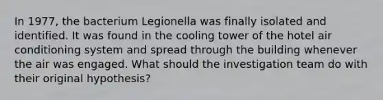 In 1977, the bacterium Legionella was finally isolated and identified. It was found in the cooling tower of the hotel air conditioning system and spread through the building whenever the air was engaged. What should the investigation team do with their original hypothesis?