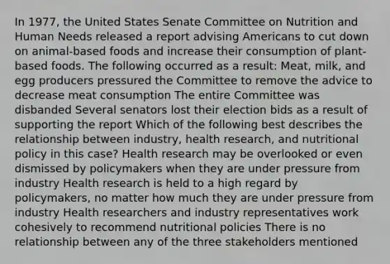 In 1977, the United States Senate Committee on Nutrition and Human Needs released a report advising Americans to cut down on animal-based foods and increase their consumption of plant-based foods. The following occurred as a result: Meat, milk, and egg producers pressured the Committee to remove the advice to decrease meat consumption The entire Committee was disbanded Several senators lost their election bids as a result of supporting the report Which of the following best describes the relationship between industry, health research, and nutritional policy in this case? Health research may be overlooked or even dismissed by policymakers when they are under pressure from industry Health research is held to a high regard by policymakers, no matter how much they are under pressure from industry Health researchers and industry representatives work cohesively to recommend nutritional policies There is no relationship between any of the three stakeholders mentioned