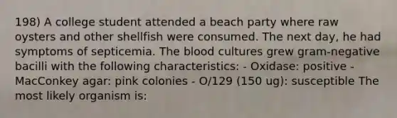 198) A college student attended a beach party where raw oysters and other shellfish were consumed. The next day, he had symptoms of septicemia. <a href='https://www.questionai.com/knowledge/k7oXMfj7lk-the-blood' class='anchor-knowledge'>the blood</a> cultures grew gram-negative bacilli with the following characteristics: - Oxidase: positive - MacConkey agar: pink colonies - O/129 (150 ug): susceptible The most likely organism is: