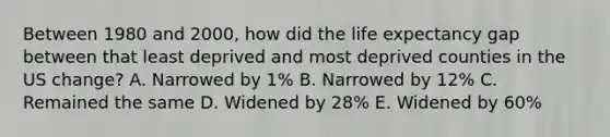 Between 1980 and 2000, how did the life expectancy gap between that least deprived and most deprived counties in the US change? A. Narrowed by 1% B. Narrowed by 12% C. Remained the same D. Widened by 28% E. Widened by 60%