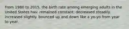 From 1980 to 2015, the birth rate among emerging adults in the United States has: remained constant. decreased steadily. increased slightly. bounced up and down like a yo-yo from year to year.