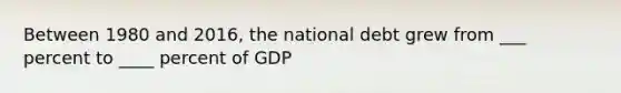 Between 1980 and 2016, the national debt grew from ___ percent to ____ percent of GDP