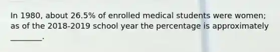 In 1980, about 26.5% of enrolled medical students were women; as of the 2018-2019 school year the percentage is approximately ________.