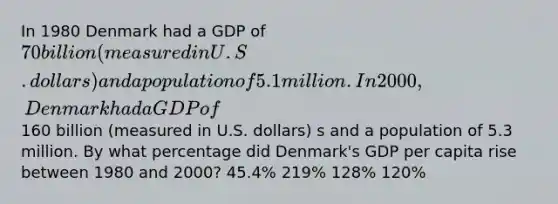 In 1980 Denmark had a GDP of 70 billion (measured in U.S. dollars) and a population of 5.1 million. In 2000, Denmark had a GDP of160 billion (measured in U.S. dollars) s and a population of 5.3 million. By what percentage did Denmark's GDP per capita rise between 1980 and 2000? 45.4% 219% 128% 120%