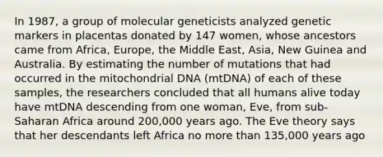 In 1987, a group of molecular geneticists analyzed genetic markers in placentas donated by 147 women, whose ancestors came from Africa, Europe, the Middle East, Asia, New Guinea and Australia. By estimating the number of mutations that had occurred in the mitochondrial DNA (mtDNA) of each of these samples, the researchers concluded that all humans alive today have mtDNA descending from one woman, Eve, from sub-Saharan Africa around 200,000 years ago. The Eve theory says that her descendants left Africa no more than 135,000 years ago