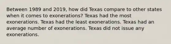 Between 1989 and 2019, how did Texas compare to other states when it comes to exonerations? Texas had the most exonerations. Texas had the least exonerations. Texas had an average number of exonerations. Texas did not issue any exonerations.