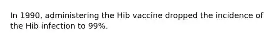 In​ 1990, administering the Hib vaccine dropped the incidence of the Hib infection to​ 99%.