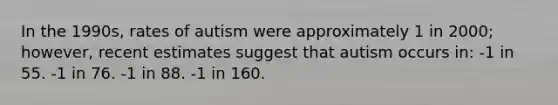 In the 1990s, rates of autism were approximately 1 in 2000; however, recent estimates suggest that autism occurs in: -1 in 55. -1 in 76. -1 in 88. -1 in 160.