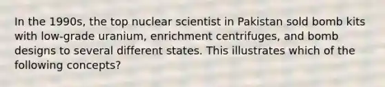 In the 1990s, the top nuclear scientist in Pakistan sold bomb kits with low-grade uranium, enrichment centrifuges, and bomb designs to several different states. This illustrates which of the following concepts?