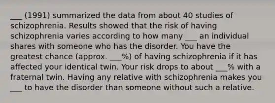 ___ (1991) summarized the data from about 40 studies of schizophrenia. Results showed that the risk of having schizophrenia varies according to how many ___ an individual shares with someone who has the disorder. You have the greatest chance (approx. ___%) of having schizophrenia if it has affected your identical twin. Your risk drops to about ___% with a fraternal twin. Having any relative with schizophrenia makes you ___ to have the disorder than someone without such a relative.